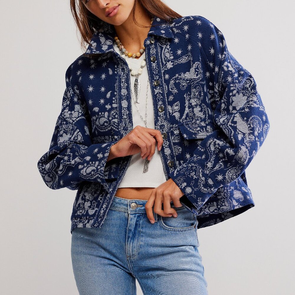 Free People Navy Blue Printed Button-Down Jacket